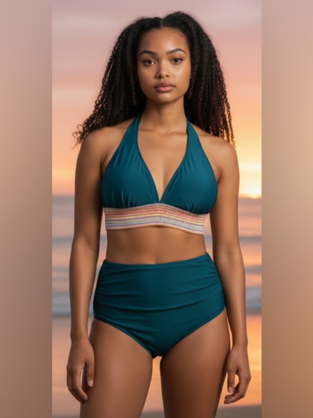 New- XL Blue Green  Teal Halter 
Smocked Trim Top
Plain Roused  matching bottom